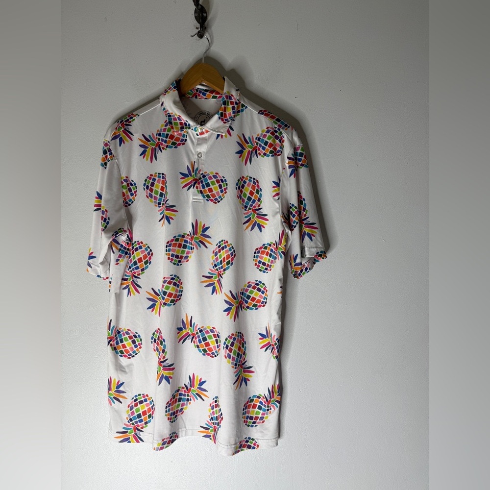 Proud 90‎ Ninety Polo Mens Lg Golf Shirt White Pineapple Performance Stretch EUC